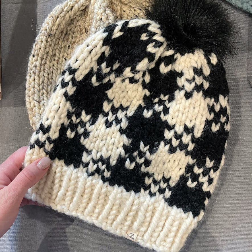 Houndstooth Print Pom Pom Hat